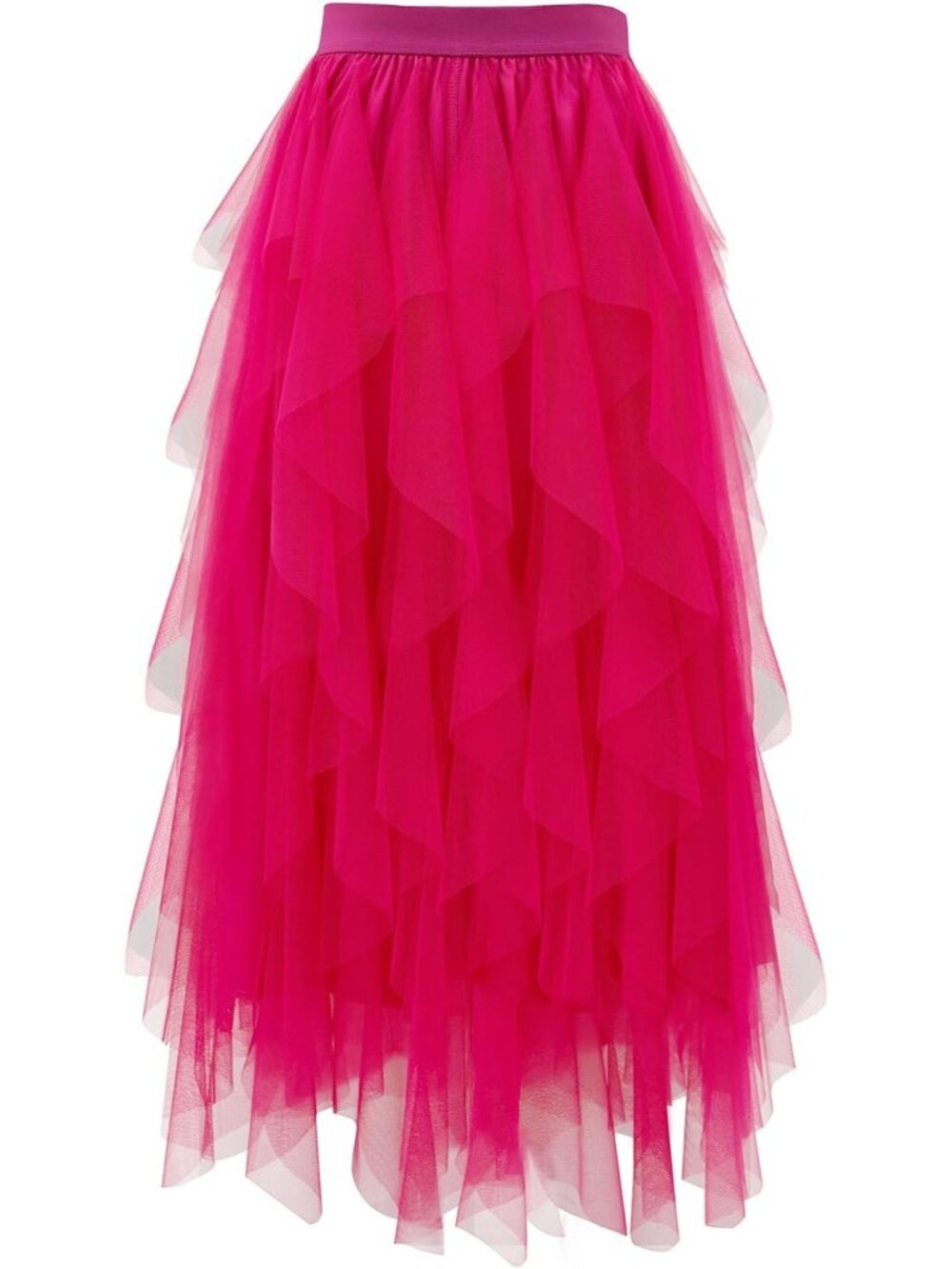 Women's Fuchsia High Waist Layered Tulle Mesh Ruffle Asymmetric Midi Tutu Skirt